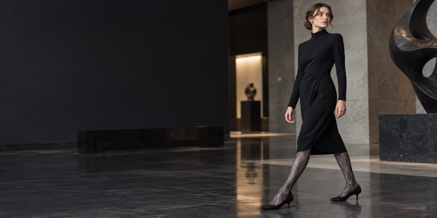 Schwarzes Midikleid mit grafisch gemusterter Strumpfhose