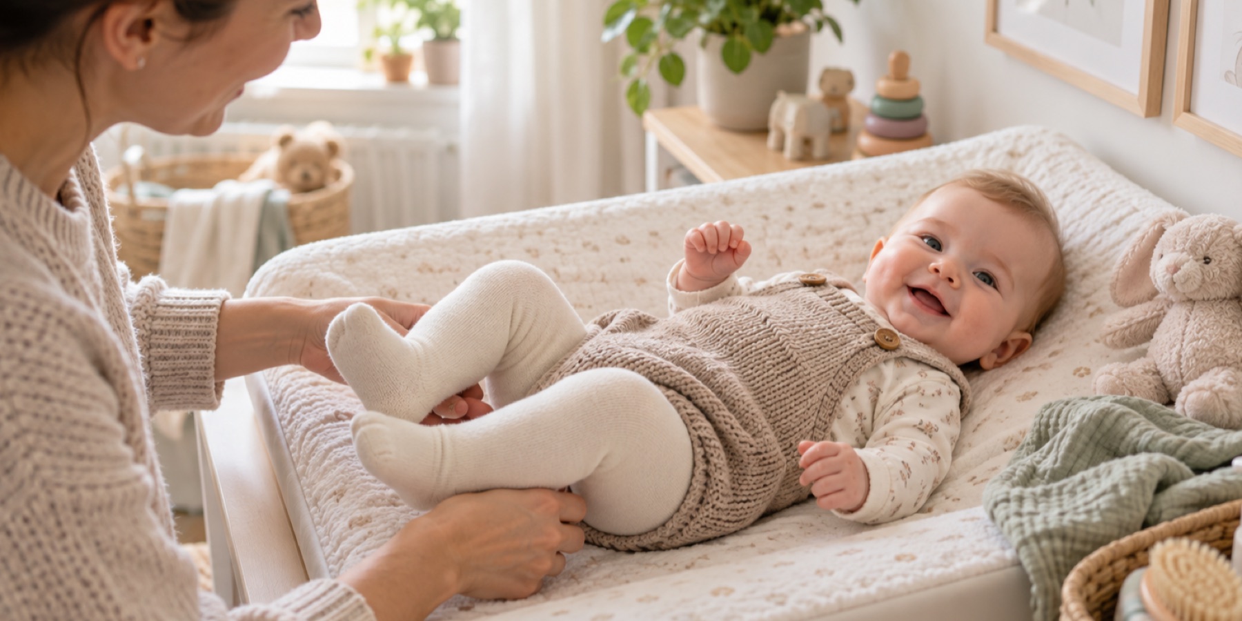 Baby in heller blickdichter Strumpfhose auf einer weichen Wickelauflage
