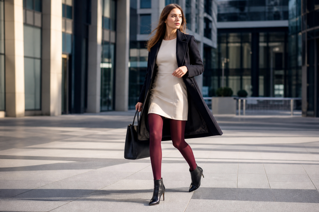 Bordeaux-Strumpfhosen: Der elegante Farbakzent für Herbst und Winter – KI-generiert