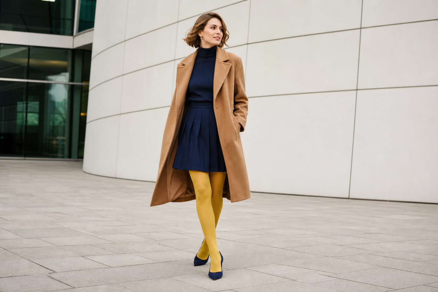 Gelbe Strumpfhosen kombinieren: So wirkt die Trendfarbe elegant – KI-generiert