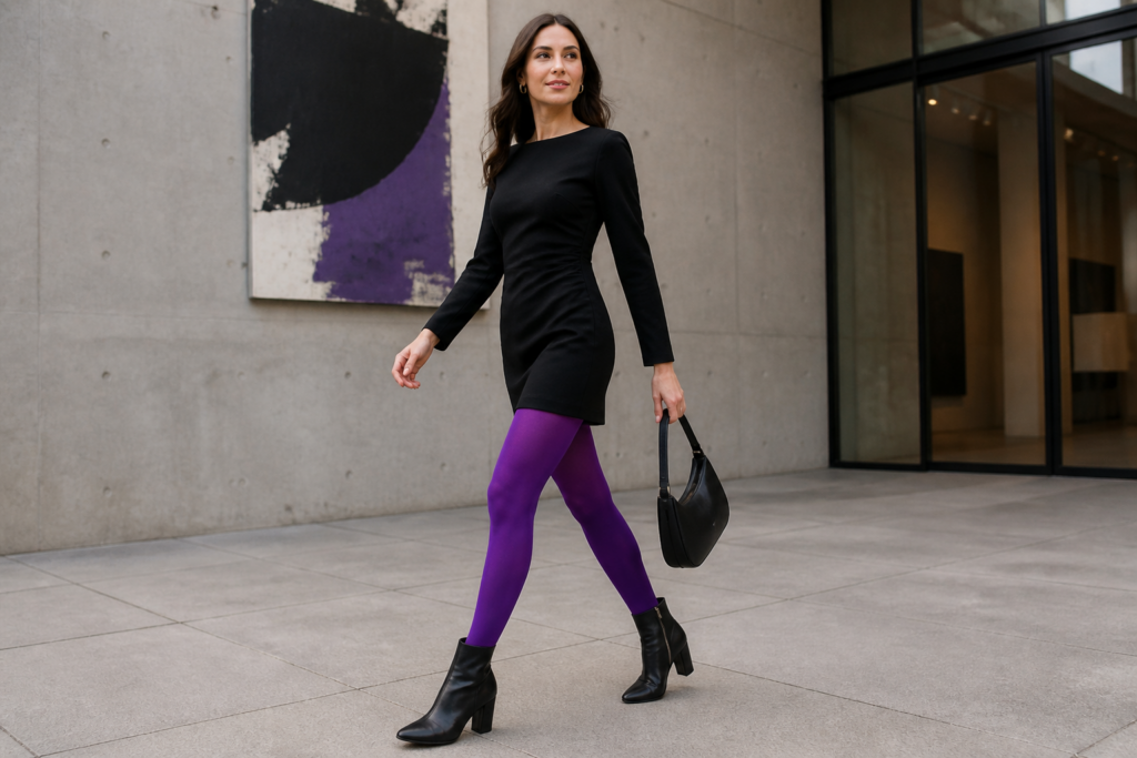 Lila Strumpfhosen kombinieren: Mutige Looks mit klarer Linie – KI-generiert